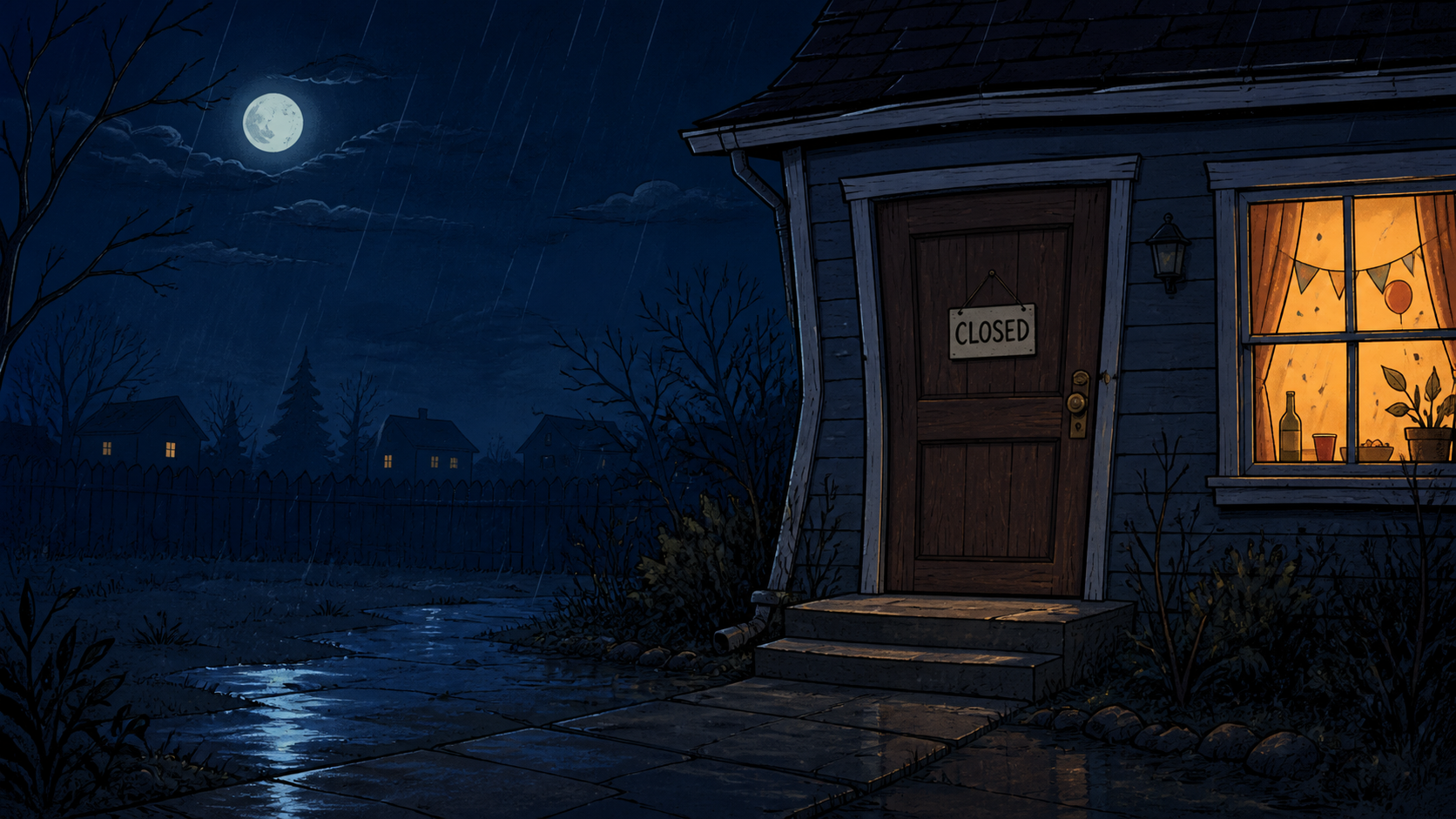A rainy house with a closed door at night