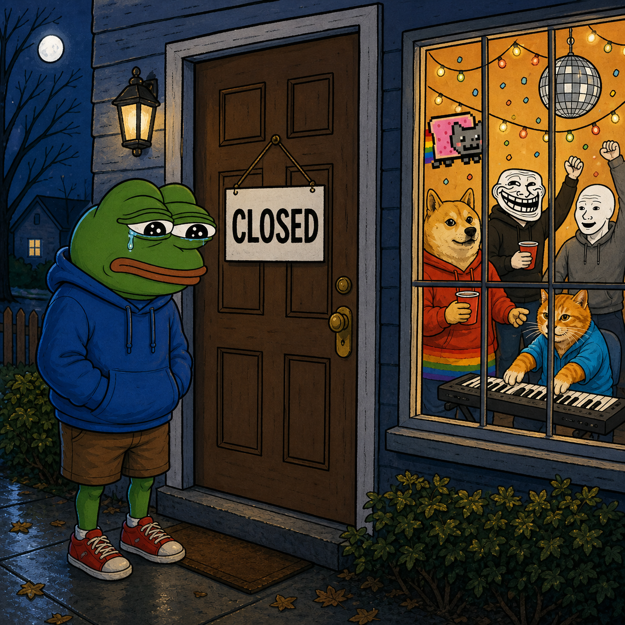 Closed Door Pepe waiting sadly outside a party